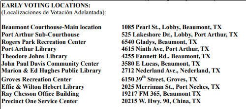 A list of voting locations for early voting in Southeast Texas.