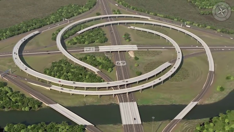 The current cloverleaf interchange of US 69/TX 73 will be soon changed to a turbine design depicted in the TxDOT concept image.