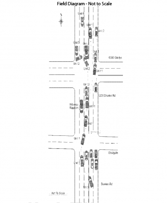The second report’s field diagram shows how, according to witnesses, Naymola drove into oncoming traffic at the intersection of Westgate and Dowlen before he crashed into five cars at the crossing of Dowlen and Gladys.  