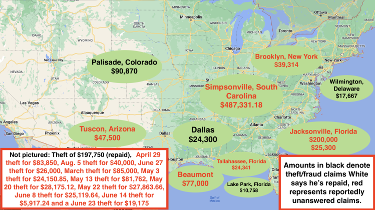 A graphic depicting White's map of national theft amounts across the United States.