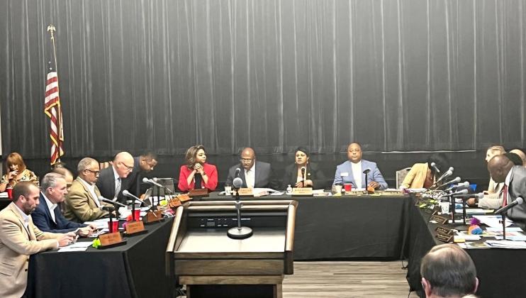 Beaumont city councilors (left) meet with BISD trustees (right) during a joint meeting between the two governing bodies Nov. 7 