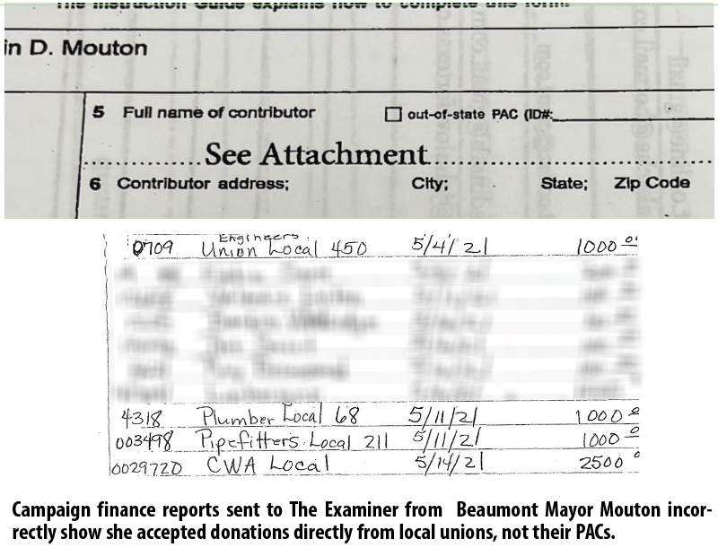 Image of campaign document detailing contributions from Labor Unions to the Robin Mouton campaign 