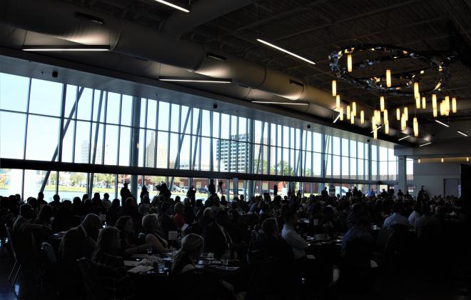 Hundreds listen as Mayor Ames shares the state of the city.
