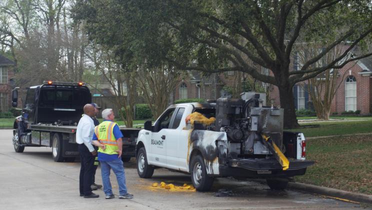 A Beaumont work truck sits in shambles.