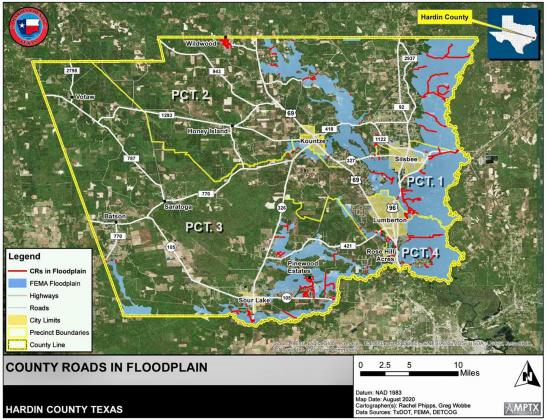 Map of Hardin County locales likely to flood