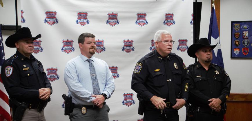 VPD Chief Rod Carroll (third from right) speaks to reporters June 3 at the Vidor Police Department