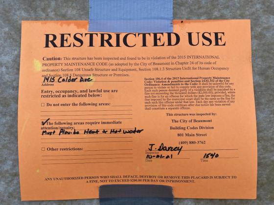 A "restricted Use" tag placed by city workers