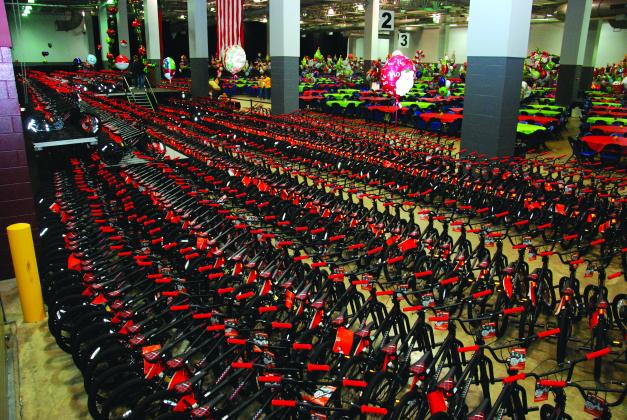 A large amount of bicycles arranged during Bicycles and Bibles 