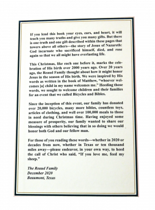 A closeup of the inscription on the inside of every children's Bible given out at Bicycles and Bibles