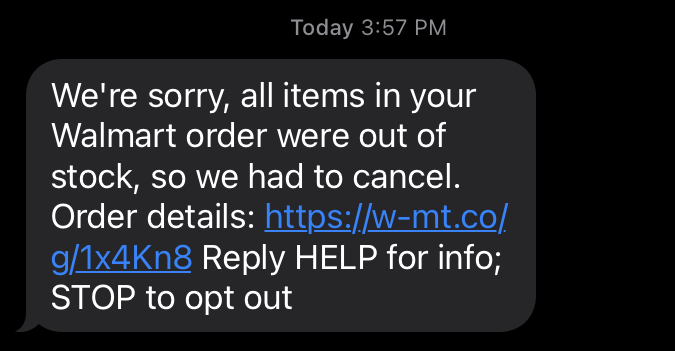 A notification from Walmart that the COVID test order was unable to be fulfilled