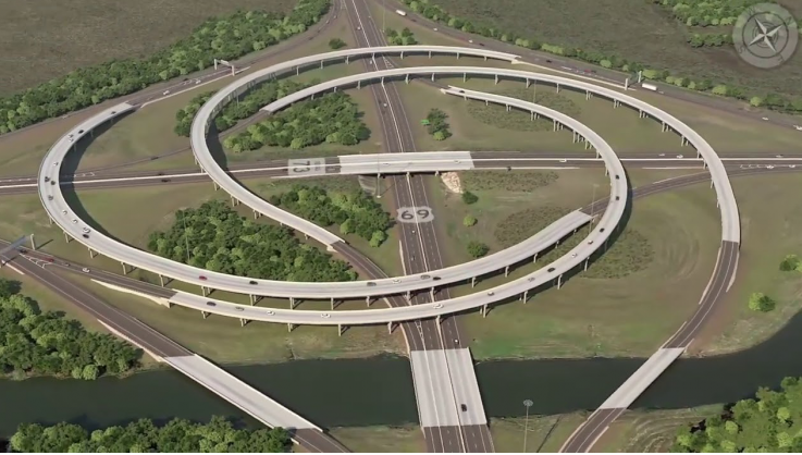 The current cloverleaf interchange of US 69/TX 73 will be soon changed to a turbine design depicted in the TxDOT concept image