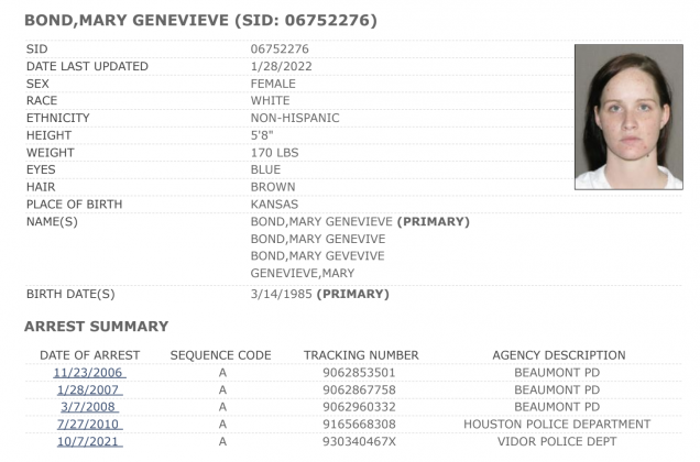 Texas Department of Public Safety records show Bond's criminal history dating back to the early 2000s