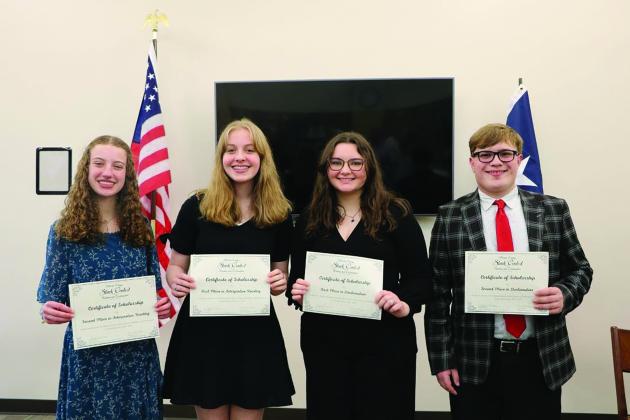 March 6: Abigayle Welch (2nd Place in Interpretive Reading), Jessica Ridout (1st Place in Interpretive Reading), Sarah Howell (1st Place in Declamation) and Cole Watson (2nd Place in Declamation).