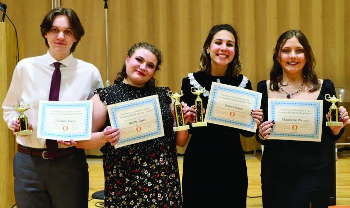 Feb. 10: Zachary Jagoe (2nd Place in Interpretive Reading), Shelby Eason (1st Place in Interpretive Reading), Sadie Prouse (1st Place in Declamation) and Madeleine Wernig (2nd Place in Declamation).