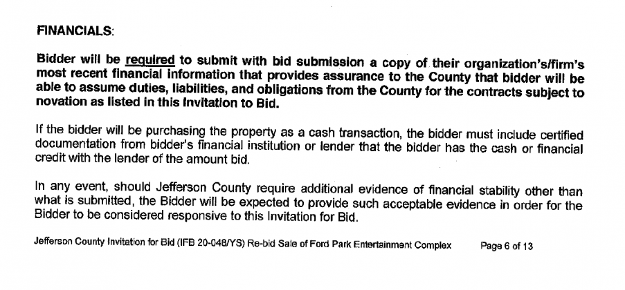 Revised Ford Park bidding requirements from September 2020