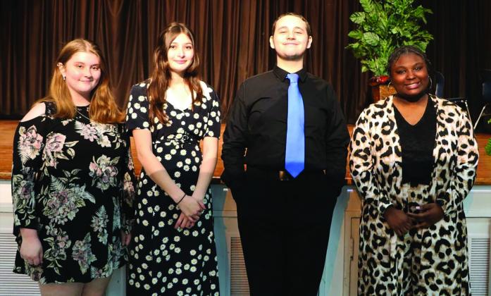 Feb. 16: Alexis Baumgartner (2nd Place in Declamation), Alicia Odom (1st Place in Declamation), Lance Parks (1st Place in Interpretive Reading) and Naomi James (2nd Place in Interpretive Reading).
