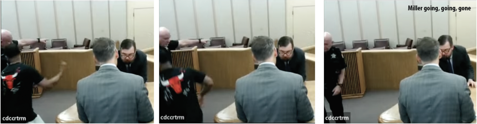 A series of snapshots depicting Miller running out of court