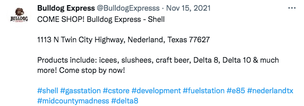A post detailing what is sold at Bull Dog Express gas station 
