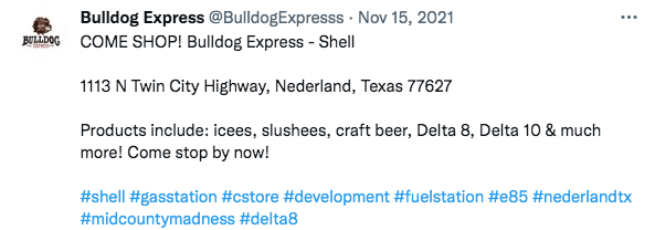 A post detailing what is sold at Bull Dog Express gas station