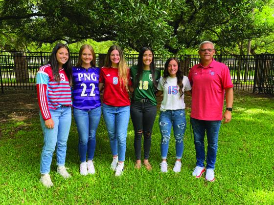 Brooklyn Bass (Lumberton), Rylee Miller (PN-G), Lauren Locicero (Lumberton), Loren Rodriguez (LC-M), Karlee Hussey (Lumberton) and coach Jason Hopson (Lumberton) will participate in the Christus/Beaumont Bone and Joint All-Star Classic soccer game June 14. 