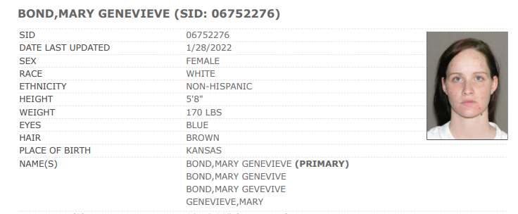 A record excerpt of Mary Bond's previous arrest information