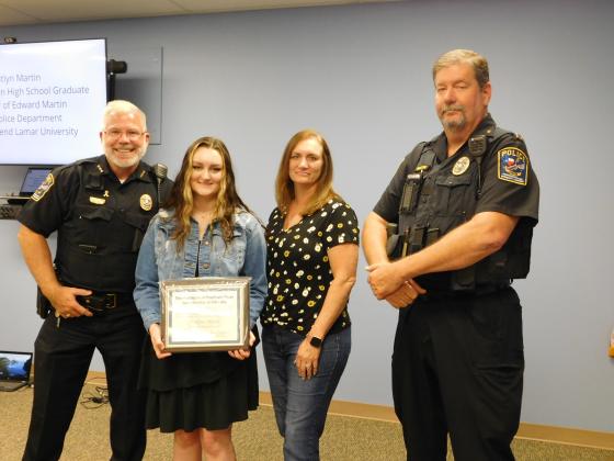 Vidor Police Department Chief Rod Carroll, Caitlyn Martin, Diane Martin, and Captain Ed Martin