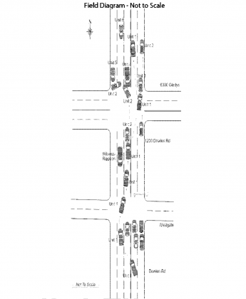 The second report’s field diagram shows how, according to witnesses, Naymola drove into oncoming traffic at the intersection of Westgate and Dowlen before he crashed into five cars at the crossing of Dowlen and Gladys.