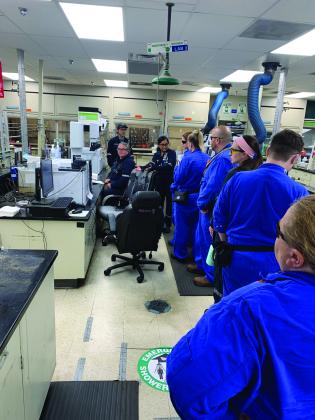 Port Neches-Groves ISD teacher externs visit the lab at TotalEnergies Port Arthur site. Teacher externs included Charles Dodson, Jill Klinkhammer, Bethany Riley, Victoria Martinez, Sarah Fox and Benjamin Bulgherini.