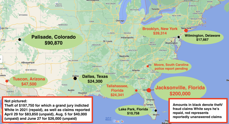 White's alleged frauds span nearly the entire continental U.S., as depicted here from data The Examiner collected. 