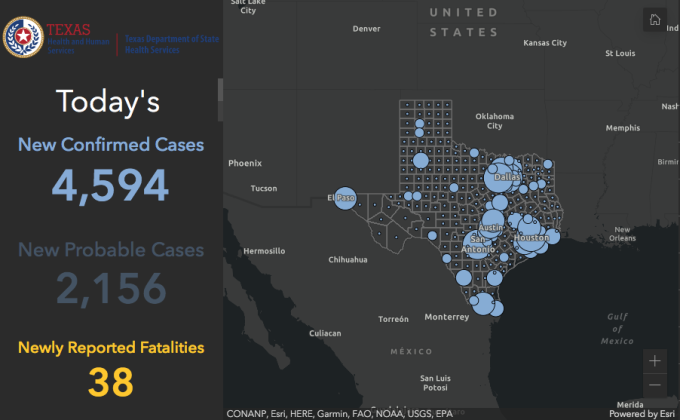 A map detailing confirmed cases of COVID in Texas 