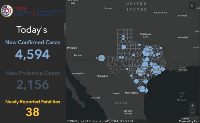 A map detailing confirmed cases of COVID in Texas