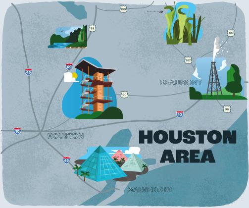An illustrated map of the GOSH 2022 Houston Area locations 