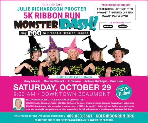 Gift of Life Julie Richardson Procter 5K Ribbon Run Monster Dash - Say BOO to Breast & Ovarian Cancer - Sat. Oct. 29 at 9am in Downtown Beaumont