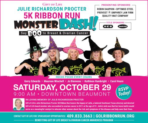 Gift of Life Julie Richardson Procter 5K Ribbon Run Monster Dash - Say BOO to Breast &amp; Ovarian Cancer - Sat. Oct. 29 at 9am in Downtown Beaumont