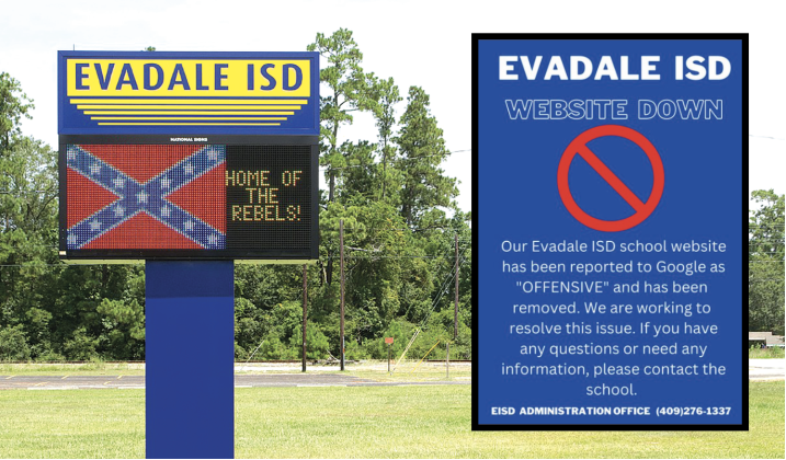 A banner showcasing that Evadale ISD's website has been shutdown by google for "offensive" materials