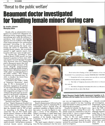 A sample clipping of 'Beaumont doctor investigated for 'fondling female minors' during care'