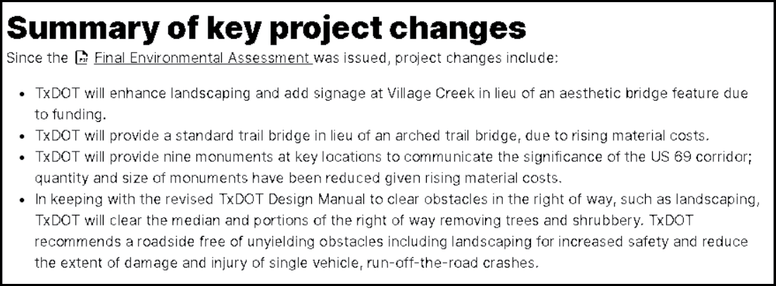 Summary of key project changes