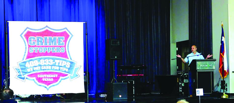 Raley speaks at a Crime Stoppers event 