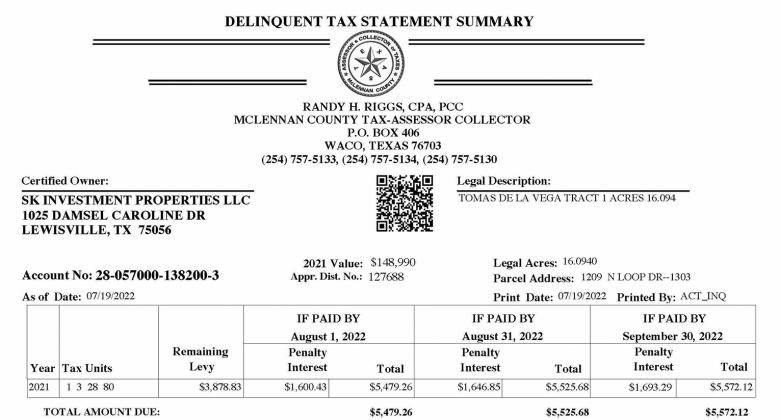 A delinquent tax statement addressed to Selim Kiralp’s home concerning SK Investments LLC, a company with which the man’s attorney says he has no involvement.