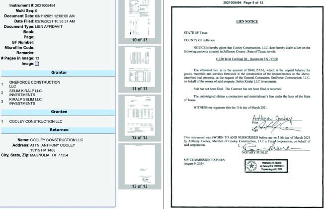 A $940,157.16 lien notice filed on Kiralp’s Beaumont property, another document the man’s lawyer claimed he couldn’t find.