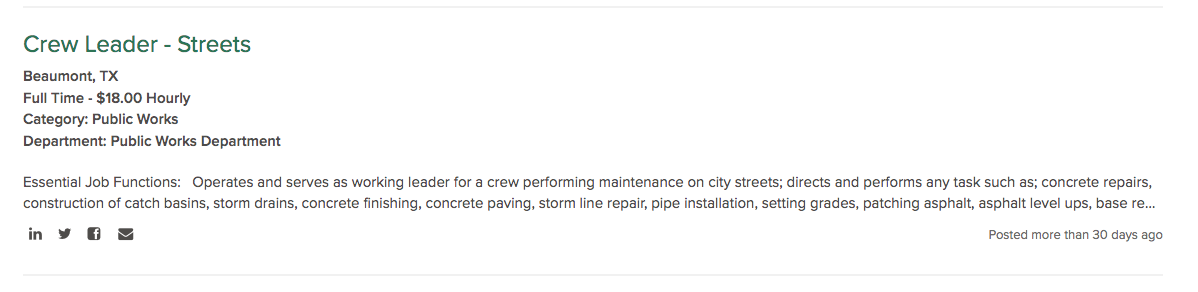 A City of Beaumont job posting for a Crew Leader for street maintenance posted more than 30 days ago. 