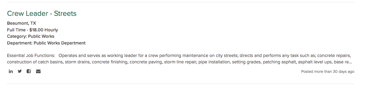 A City of Beaumont job posting for a Crew Leader for street maintenance posted more than 30 days ago.