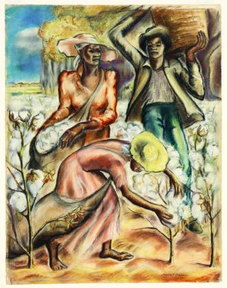 Caroline Speare Rohland’s ‘Cotton Pickers,’ 1939; a mural of the artist’s ‘Cotton Pickers’ adorns the post office in the city where a young Dr. Gwendolyn Lavalais, the daughter of cotton sharecroppers, attends school. As Lavalais explains, ‘No one would dress like that while picking cotton.’
