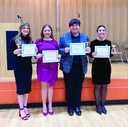 Orangefield High School winners (left to right): Kaitlyn Jenkins (first in Declamation), Madeleine Wernig (second in Declamation), Matthew Whitten (first in Interpretive Reading), and Sadie Prouse (second in Interpretive Reading).