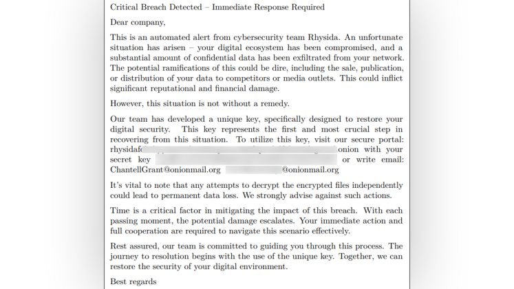 Rhysida ransom letter to similarly alleged victim
