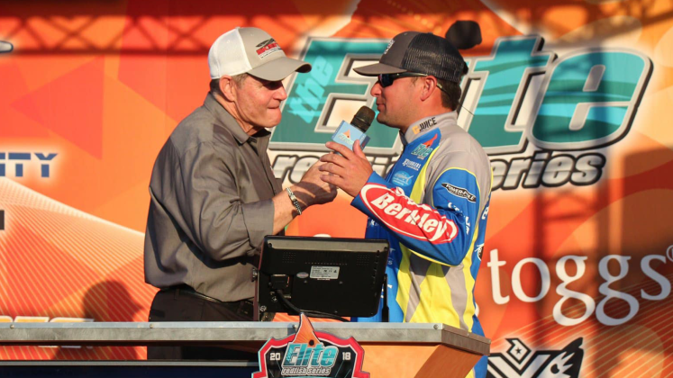 Host and producer, Pat Malone, interviews winner, Travis Land, at the 2021 tournament held at the Sabine Pass Port Authority. 