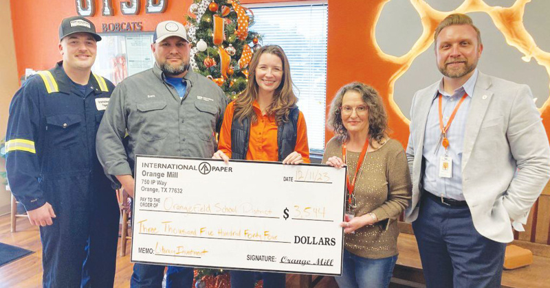 Curt Nelson, Orangefield ISD graduate and IP employee; Sam Michael, Orangefield ISD graduate and IP employee; Skylar Murphy, Orangefield ISD graduate and IP employee; Sunshine Copeland, Orangefield ISD district librarian/grant writer; and Dr. Shaun McAlpin, Orangefield ISD Superintendent