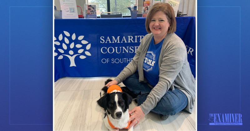 Executive Director Robin McCutcheon and therapy dog, Foster
