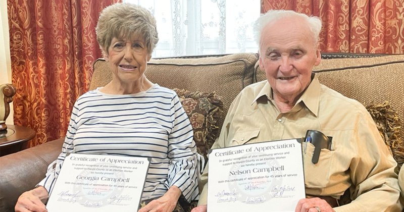 Georgia and Nelson Campbell are recognized for 45 years as election workers in Hardin County.