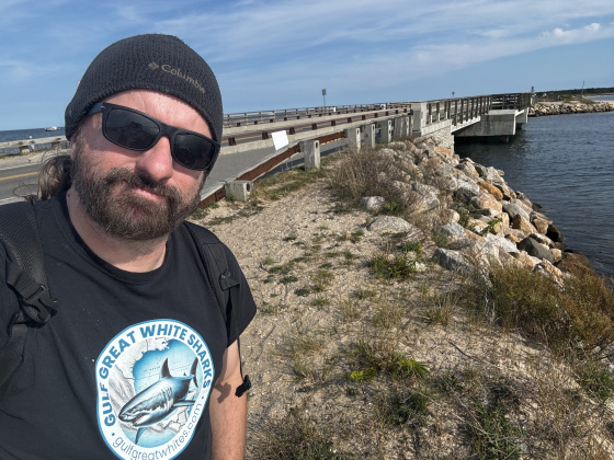 Moore on the 'Jaws Bridge' in Cape Cod that was used in the 1975 film, 'Jaws'